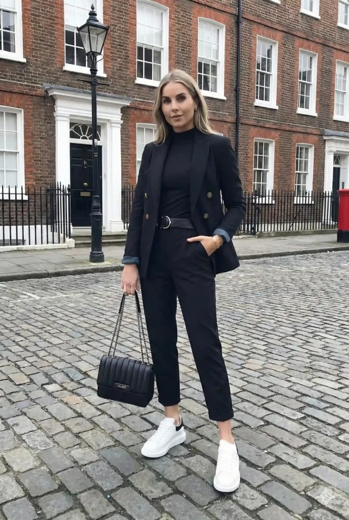 Model wearing City Chic Smart Casual Look. It masters the "high-low" fashion mix by pairing sharp, professional tailoring (the double-breasted blazer and cigarette pants) with sporty, chunky sneakers. The all-black monochromatic base creates a slimming, seamless silhouette, allowing the gold hardware on the blazer and belt to act as jewelry.