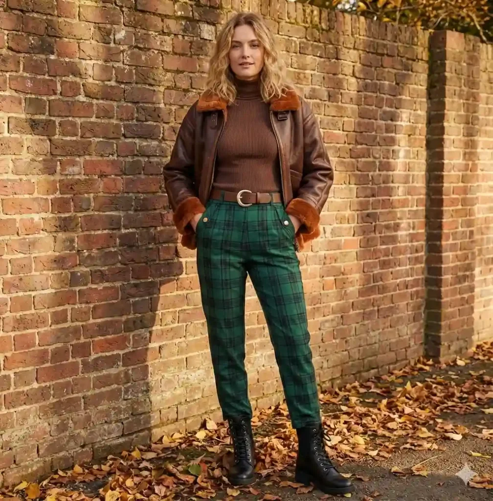 Model wearing green tartan trousers, chocolate ribbed turtleneck, statement gold-buckle belt, and combat boots.  This look captures the popular Dark Academia aesthetic—a style inspired by classic literature, universities, and the arts. 