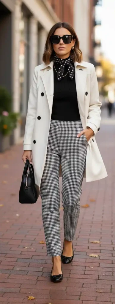 Parisian Chic Ensemble. This is a sophisticated, timeless look often referred to as French Girl Chic. It masters the art of mixing subtle patterns—pairing the geometric structure of houndstooth trousers with the playful curve of a polka dot scarf—without looking busy.