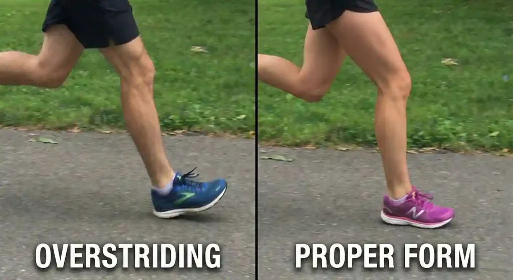 Proper running form showing midfoot strike under hips versus overstriding with heel strike ahead of body