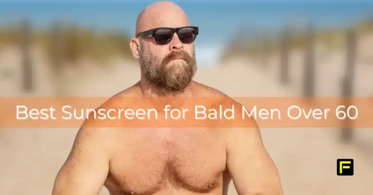 Bald man promoting sunscreen at beach. Best Sunscreen for Bald Men Over 60: Protect Your Scalp Every Day. Featured image.
