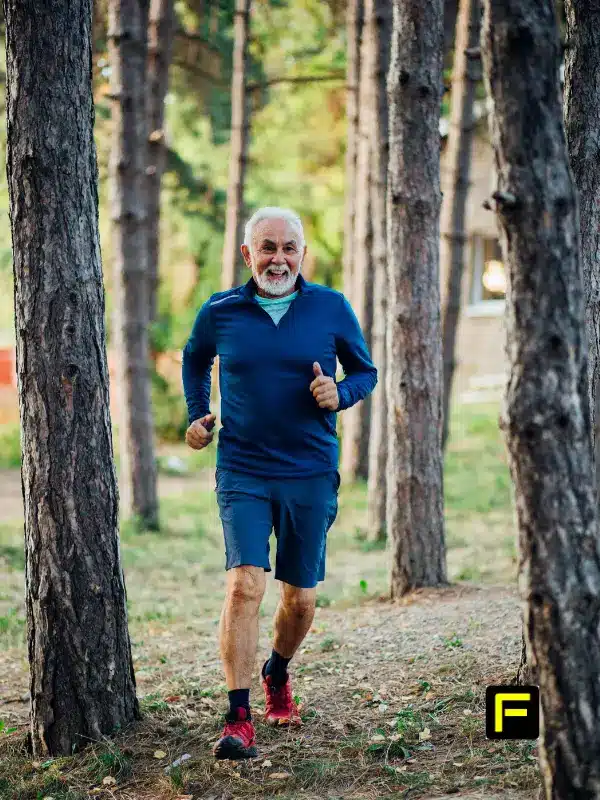 Man jogging among tall trees. Best sunblock for a bald head