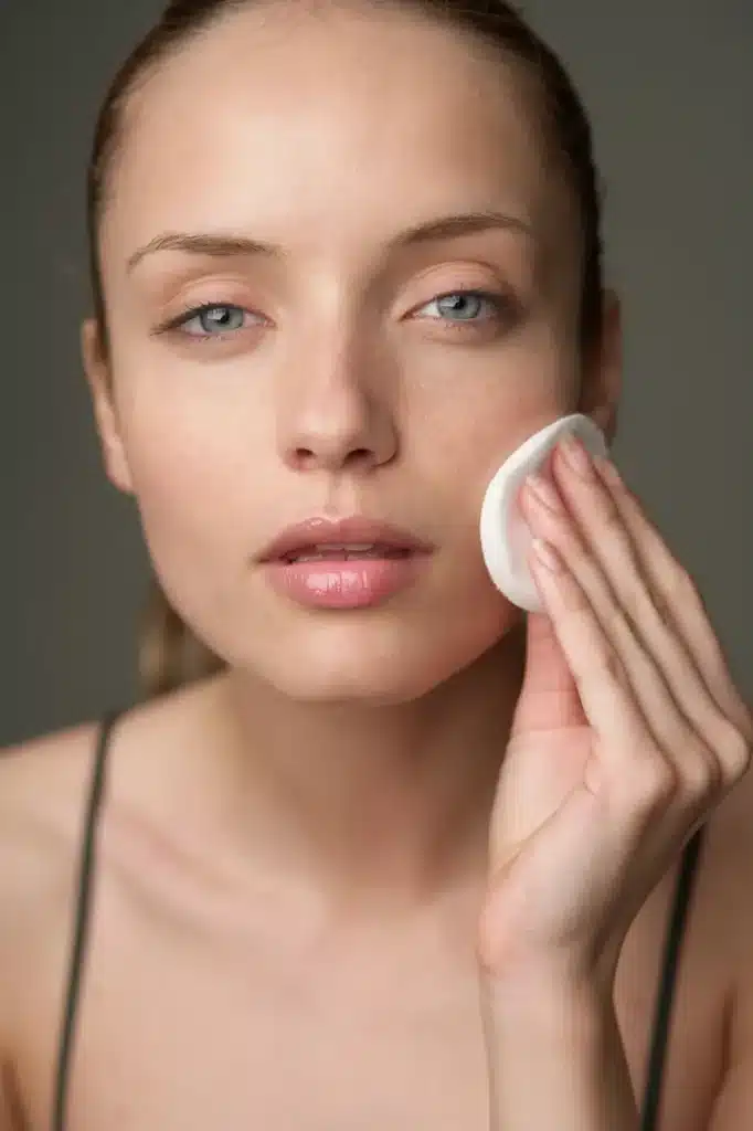 The Best Premium Face Wash for Women with Combination Skin (11 Cult-Favorite Picks) 19 Woman applying a gentle toner to her cheek with a cotton pad as part of her combination skin routine.
