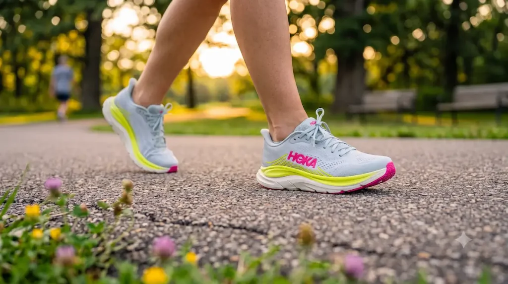Best Walking Shoes for Seniors with Balance Problems. Senior woman walking outdoors confidently in supportive walking shoes.