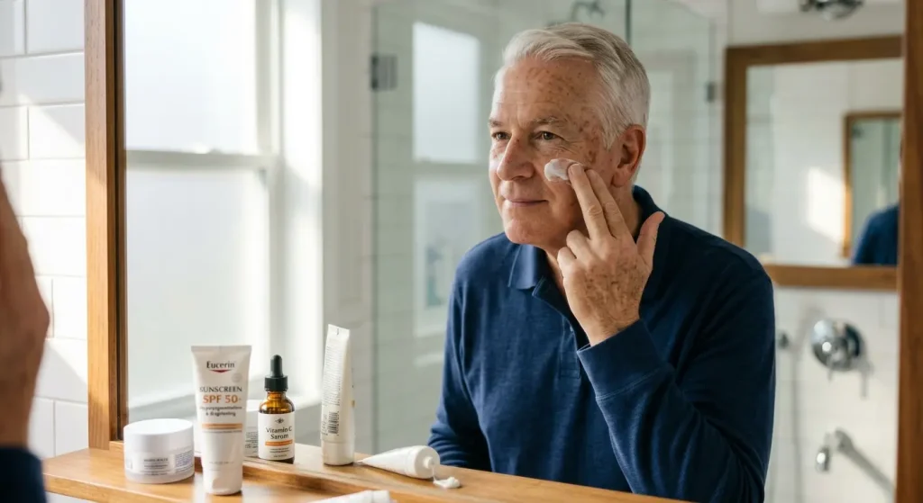 How to Reduce Hyperpigmentation on Face for Older Men: 7 Products You Need to Try 12 A candid photo of an older man with grey hair looking thoughtfully into a bathroom mirror and applying a white facial cream to his cheek with his fingers. He has age spots on his skin. On the vanity counter, several skincare products, including a bottle of SPF 50 sunscreen and vitamin C serum, are visible.